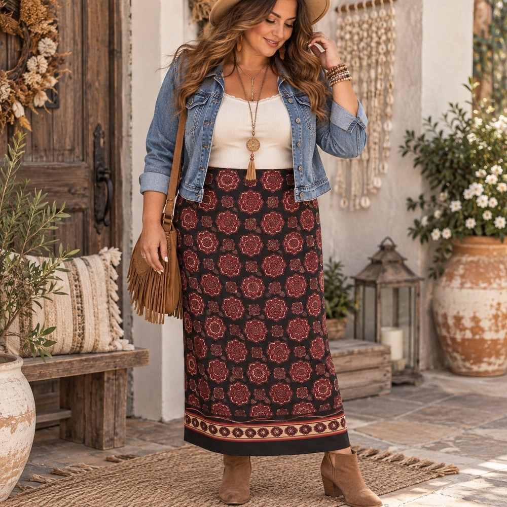 Notations Woman 2X Maxi Skirt Red Black Mandala Boho Medallion Print Plus Size